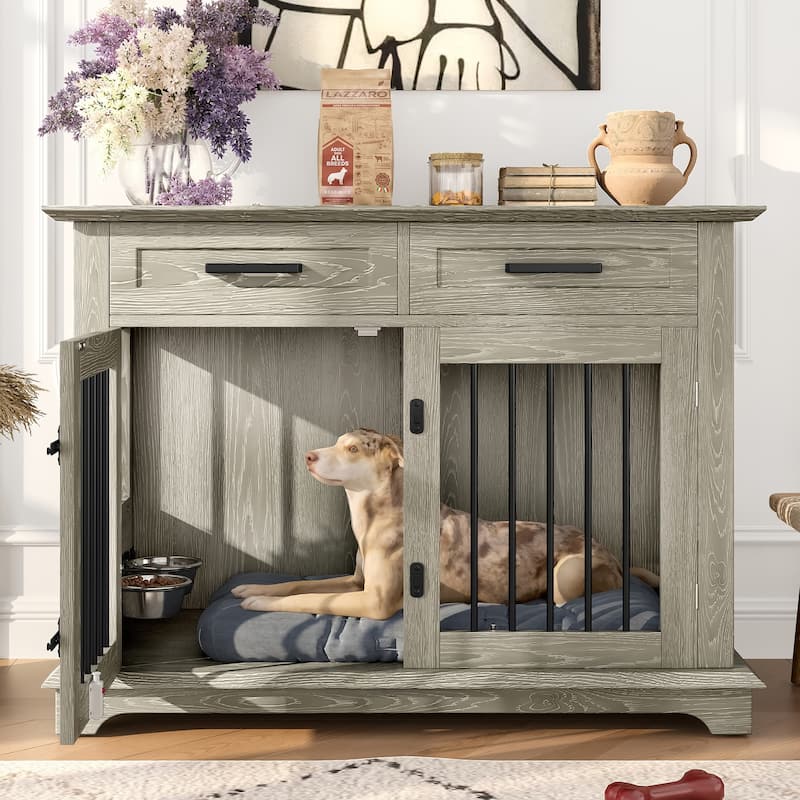Rossetta 4-Lock Large Indoor Wooden Dog Chew-Resistant Build Dog Crate Furniture with Storage Drawers, Rotatable Dog Bowls - Gray