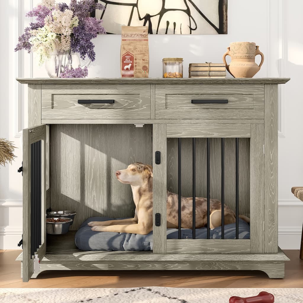 Rossetta 4-Lock Large Indoor Wooden Dog Chew-Resistant Build Dog Crate Furniture with Storage Drawers, Rotatable Dog Bowls