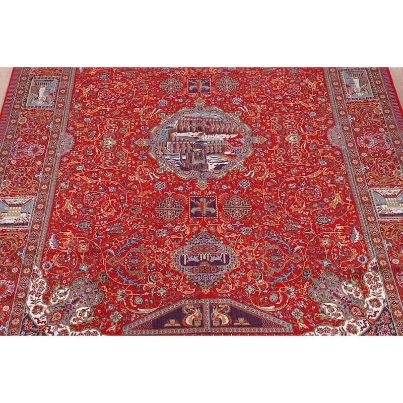 Pictorial Red Floral Kashan Turkish Area Rug Machine Made Carpet - 9'8" x 13'1"