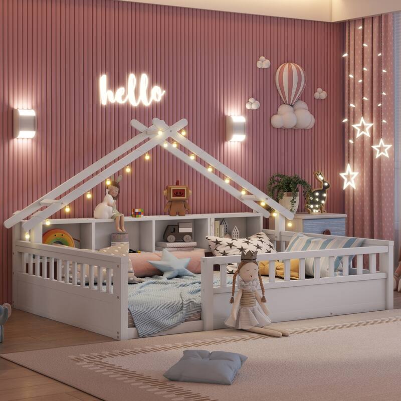 House-shaped Daybed Kids Wood House Bed Montessori Toddler Floor Bed with Roof Shape Storage Bookshelves and Light - White - Full