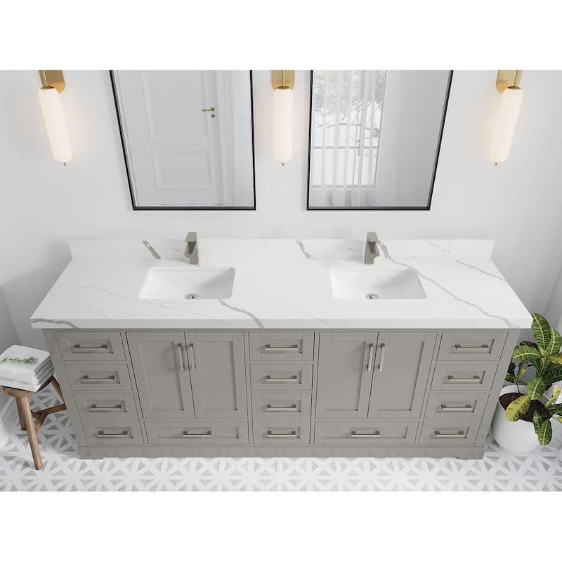 Willow Collection 84 in W x 22 in D x 36 in H Boston Double Bowl Sink Bathroom Vanity with Countertop - 2"Calacatta Laza - Elephant Skin Gray