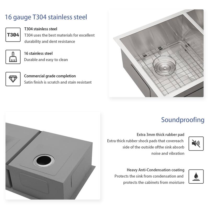 Undermount 16 Gauge Double Bowl Stainless Steel Kitchen Sink in Brushed Nickel - 33'' x 19'' x 9''