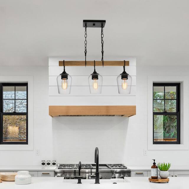 Zarbel Modern Farmhouse Chandelier Rustic 3-light Island Lights Faux Wood Accents with Bottle Glass - L25"x W 5"x H 76"