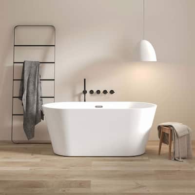 59 in. x 30 in. Acrylic Freestanding Soaking Bathtub with Center Drain in Glossy White