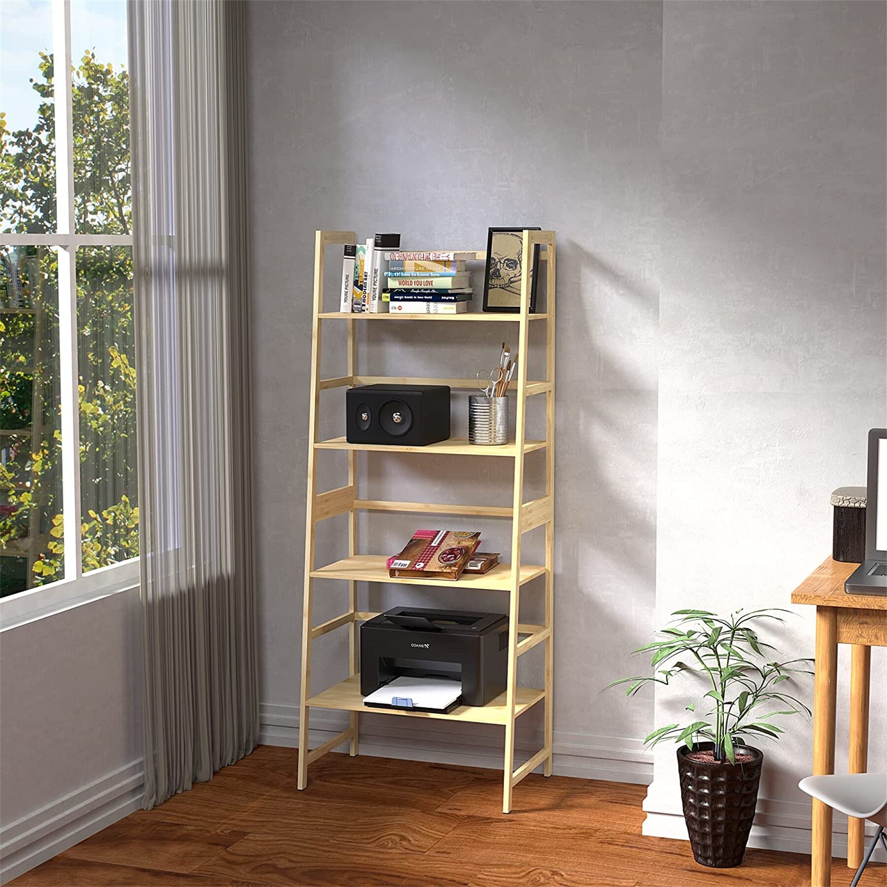 Bamboo Ladder Shelf 4 Tier Bookshelf for Bedroom Living Room