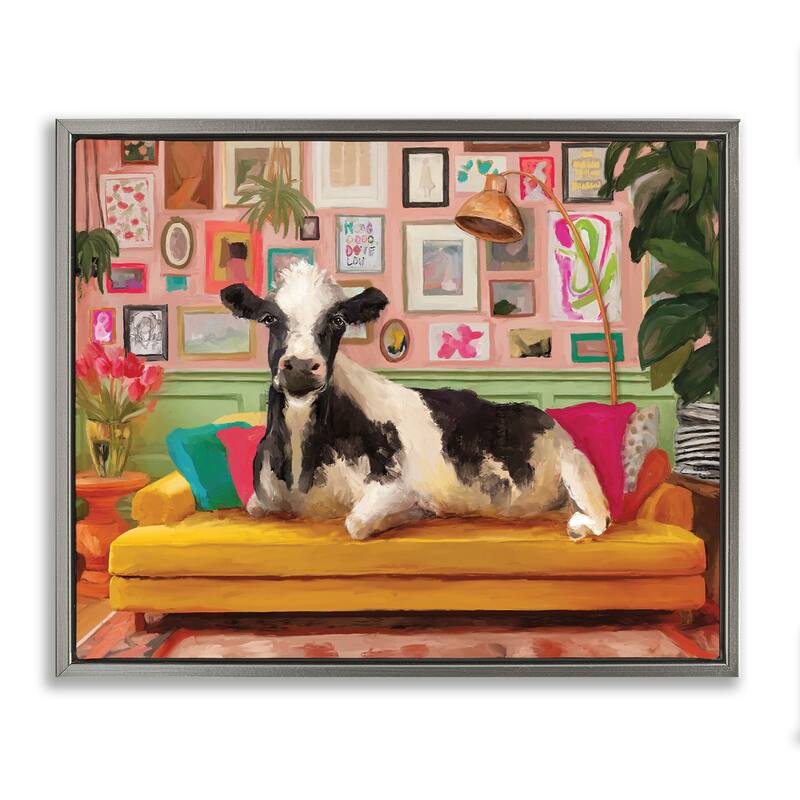 Stupell Cow in Whimsical Maximalist House Framed Floater Canvas Wall Art Design By Kamdon Kreations - 31 x 25 - Grey