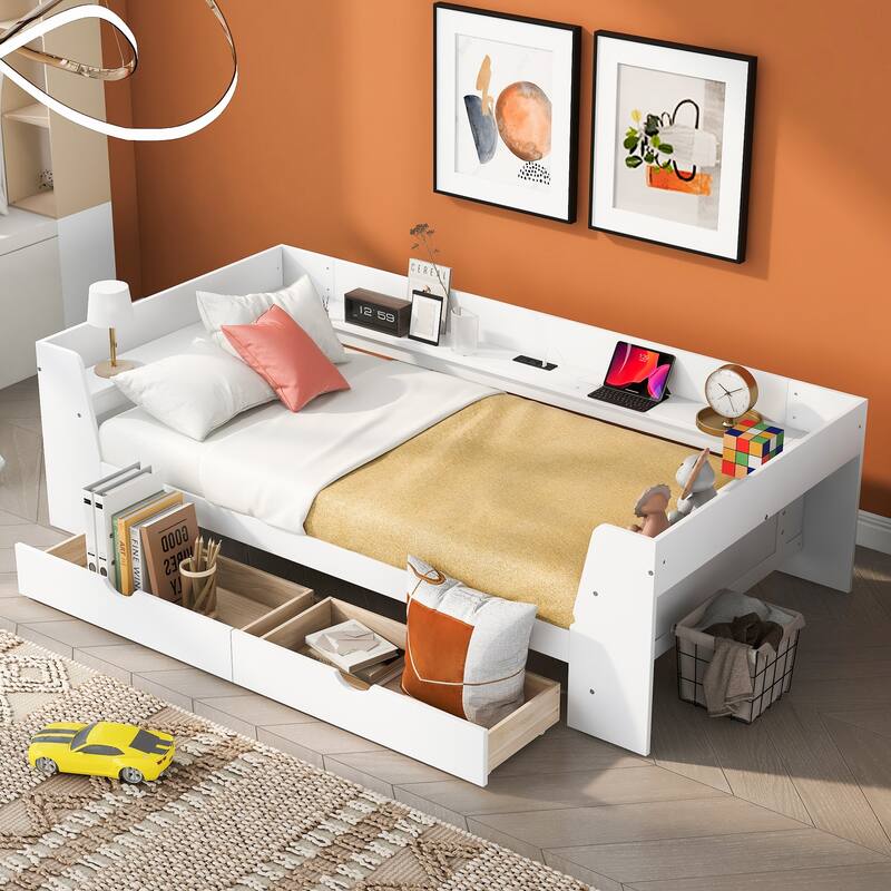 Twin Daybed with Shelves, Drawers, and Charging Station, Pine Wood Frame, Modern Design, White/Grey