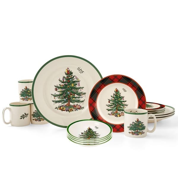 slide 2 of 7, Spode Christmas Tree Tartan 16 Piece Dinnerware Set - 12" L x 14" W x 13" H 16 Piece - 12" L x 14" W x 13" H - Service for 4 - Multicolored