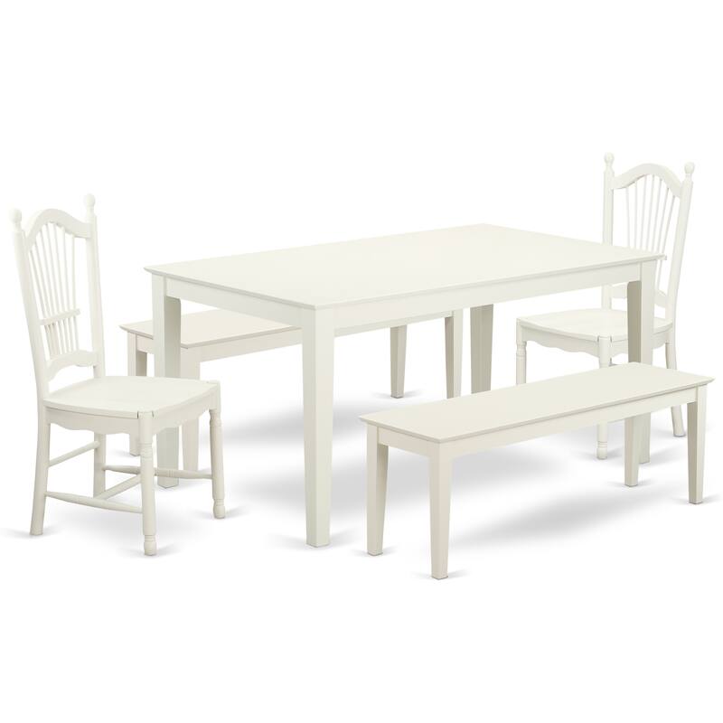 East West Furniture 5 Piece Dinette Set- a Dining Room Table and 2 Dining Chairs with 2 Benches, 36x60 Inch, Linen White