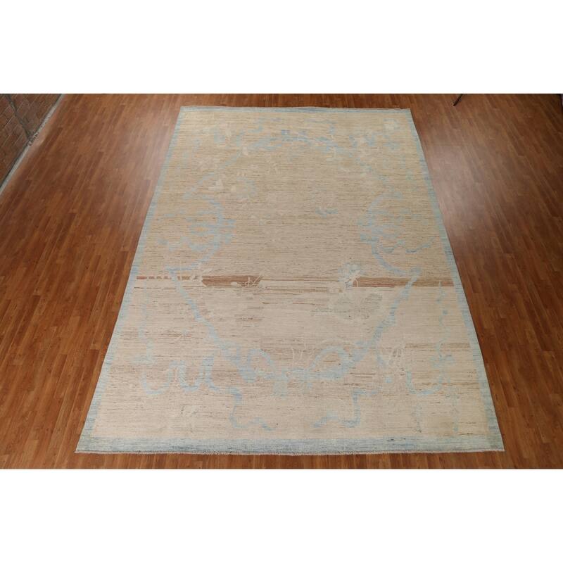 Hand Knotted Oriental 100% Wool Carpet Transitional Abstract Beige & Ivories Oushak Area Rug - 13' 6'' X 9' 7''