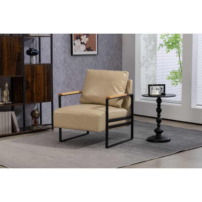 Khaki PU Modern PU Upholstered Accent Chair with Sturdy Metal Frame and Waist Cushion