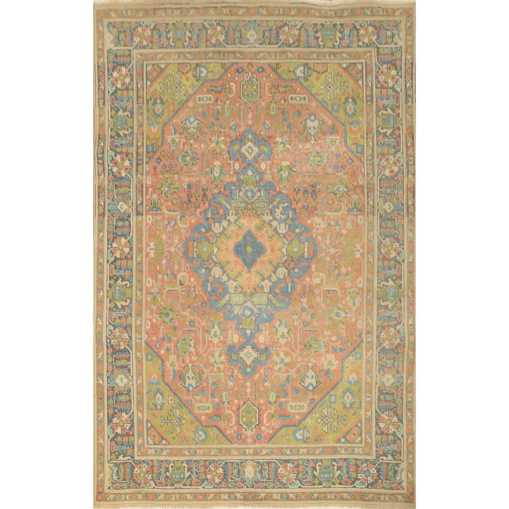 Hand Knotted Oriental 100% Wool Carpet Traditional Floral Coral Tabriz Area Rug - 9' 5'' X 6' 3''
