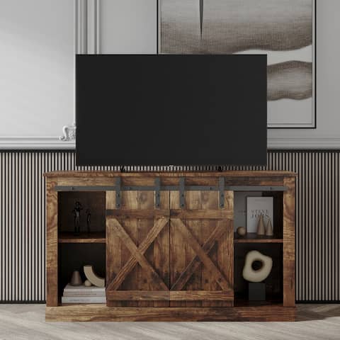 Farmhouse Sliding Barn Door TV Stand for TV 65 Inch Console Table Storage Cabinet Wood Entertainment Center Rustic Oak