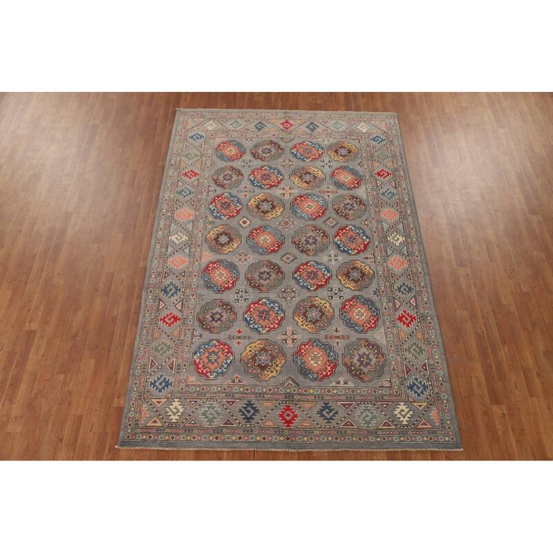 All-Over Gray Kazak Living Room Area Rug Hand-Knotted Wool Carpet - 6'7" x 9'8"