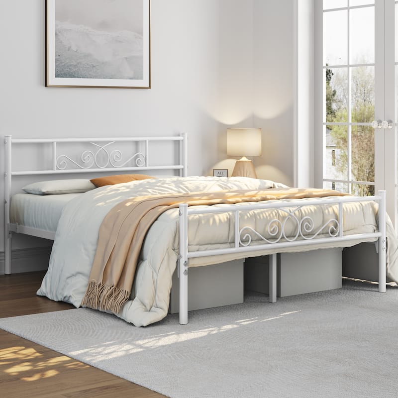 Yaheetech Graceful Scroll Bed Metal-Framed Bed with Footboard - White - Full