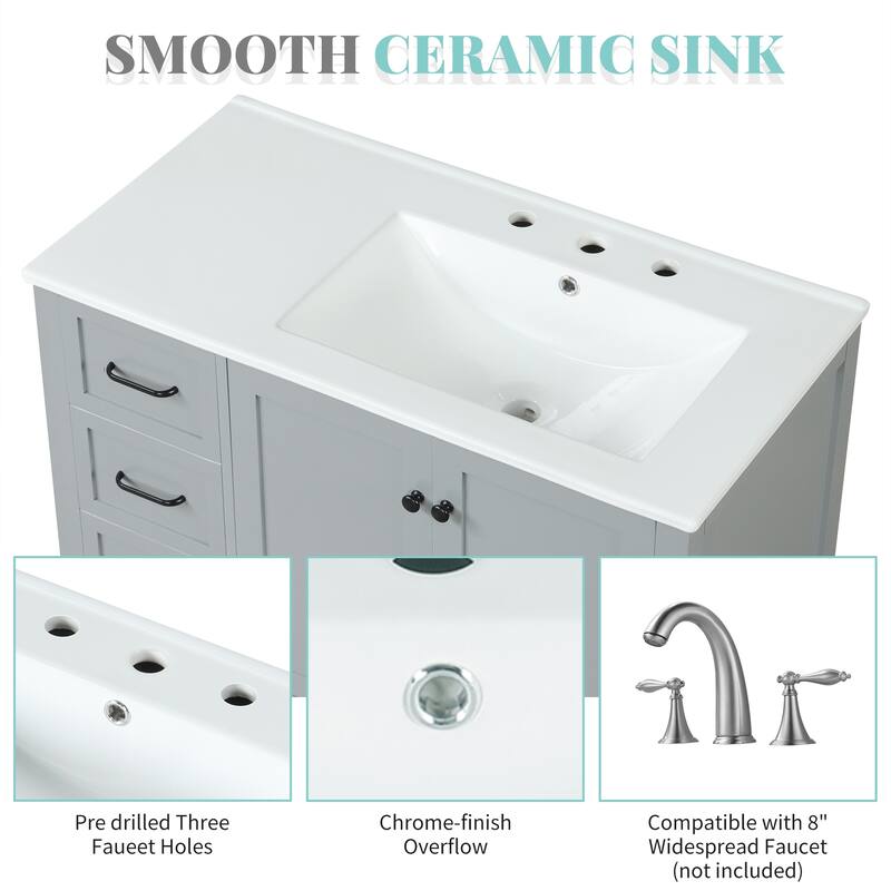 36" Freestanding Bathroom Vanity with Ceramic Sink, 2 Doors and 2 Drawers, Modern Grey Finish,8" Faucet Mount