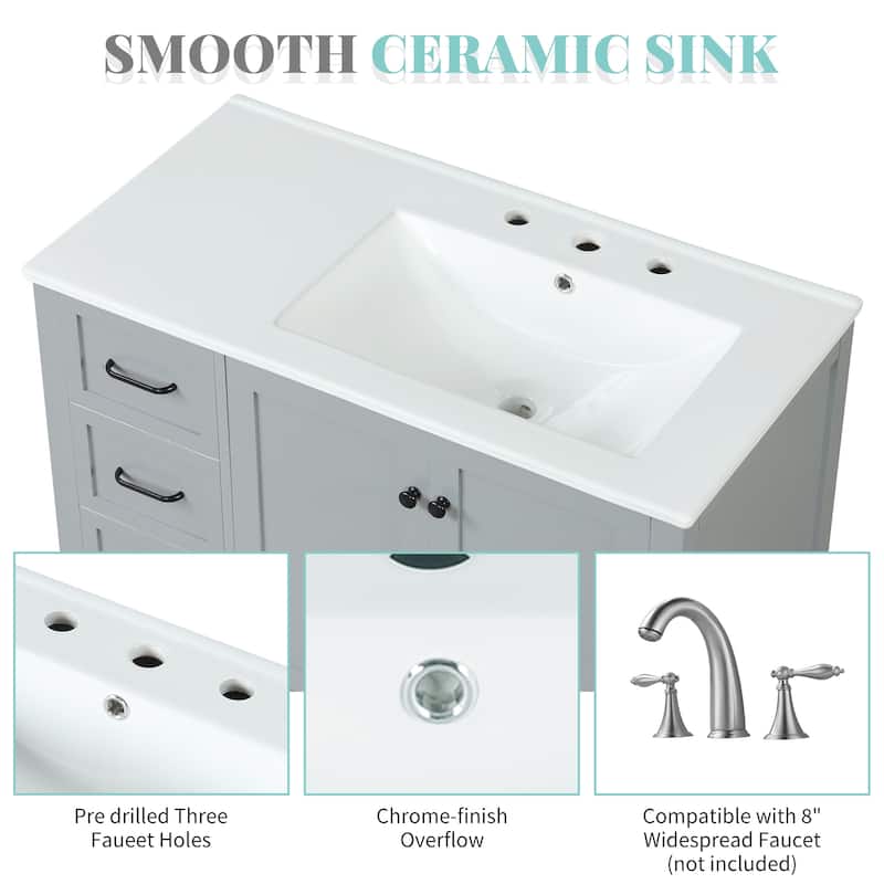 GDFStudio - Avalon 36-Inch Bathroom Vanity with Sink Top, Solid Wood & MDF Board with Open Shelf, Painted Finish