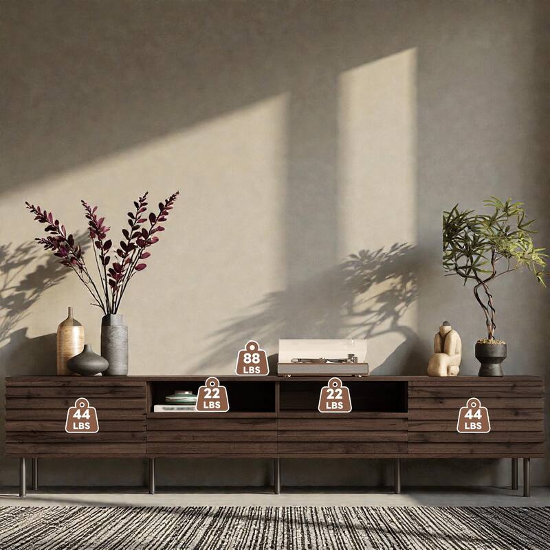 78.7" Modern Walnut TV Stand for TVs up to 85 Inch, Entertainment Center with Slatted Doors, Soft-Close Hinges