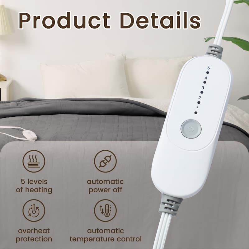 Flannel and Sherpa Fleece Throw Heated Blanket with a Controller