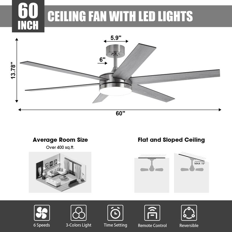 60-in Modern Brushed Nickel Wood Large Remote Indoor Smart Ceiling Fan with Light and APP
