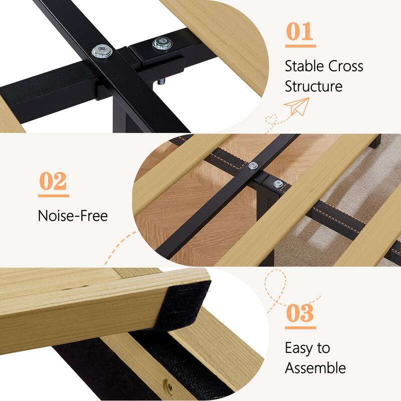 Javlergo Upholstered Bed Frame with Linen Fabric Adjustable Headboard Strong Wood Slats Supports No Box Spring Needed