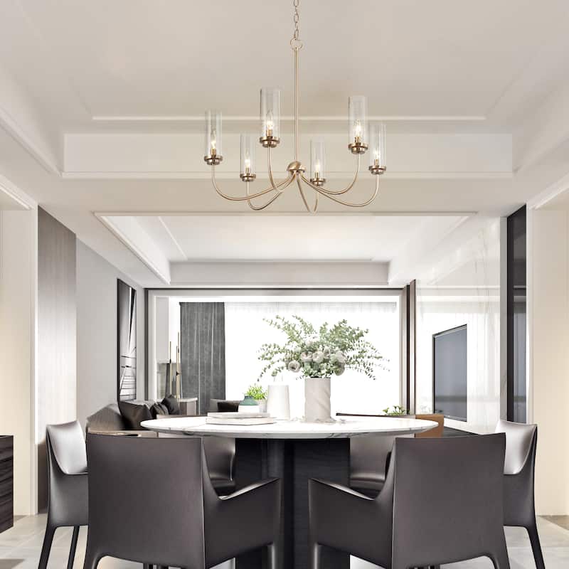 Kayna Mid-Century Modern 6-Light Gold Wheel Glass Chandelier for Dining Room - 25''D x 24.5''H