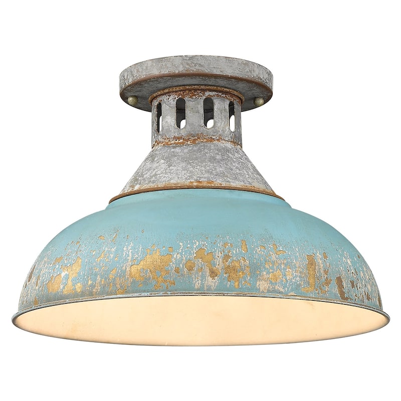 Golden Lighting Kinsley 14" Wide Semi-Flush Ceiling Fixture with Teal - Aged Galvanized Steel