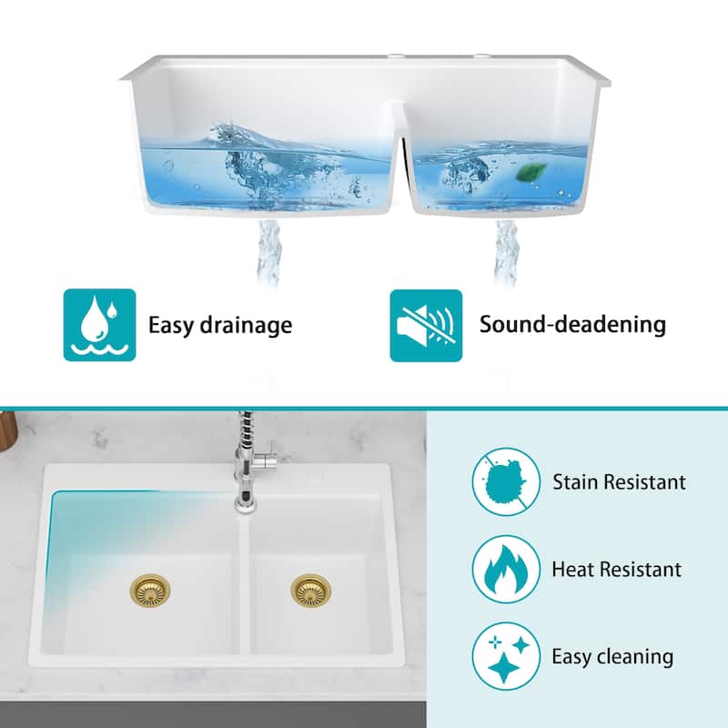 33 Inch Drop-in Double Bowl Quartz Kitchen Sink - 33'' x 22'' x 9.65''