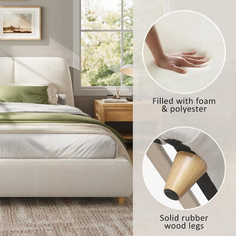 Upholstered Platform Bed with Curve-Shaped Design Headboard