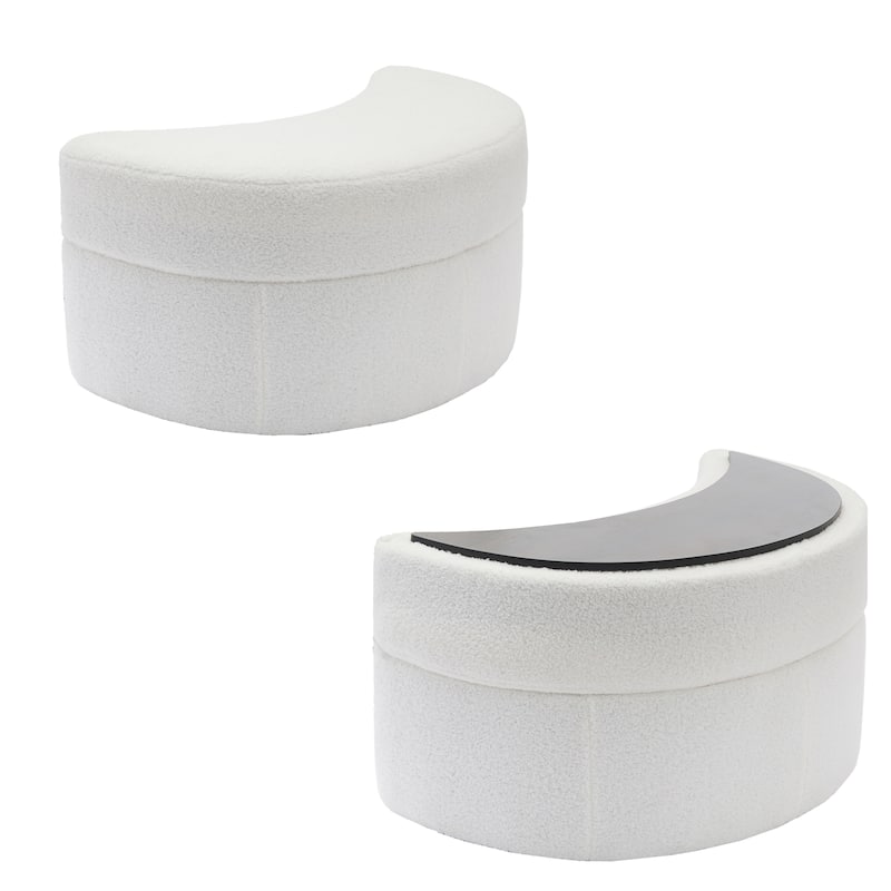 Upholstered Half Moon Storage Ottoman with Tray Set of 2