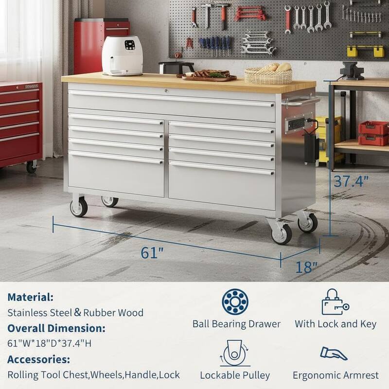 61 inch Rolling Tool Chest, with 9 Drawers and Wheels