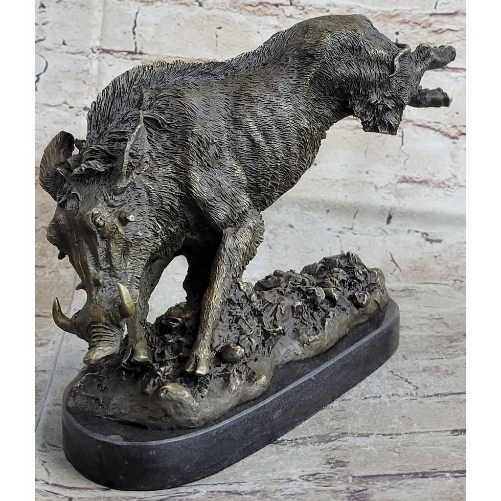 Wild Boar Feral Hog Pig Kicking Hind Legs Bronze Sculpture Statue Figure On Marble Base