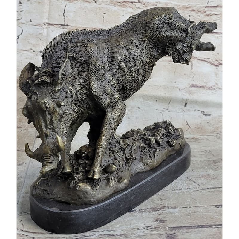 Wild Boar Feral Hog Pig Kicking Hind Legs Bronze Sculpture Statue Figure On Marble Base