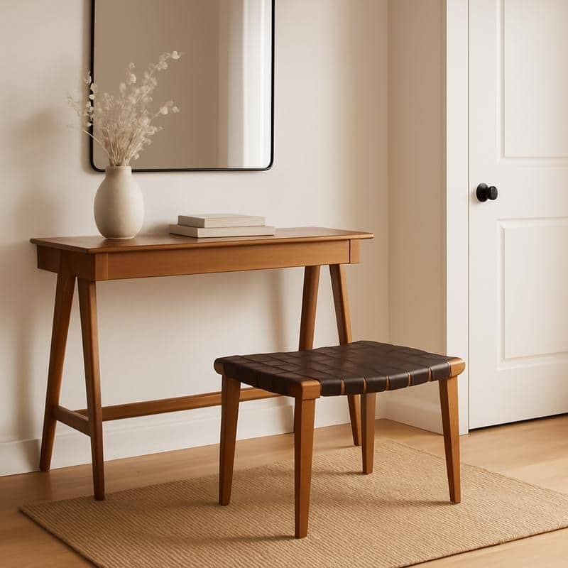 Aria Home Brown Rene Accent Stool with Recycled Leather Seat & Ash Wood Frame