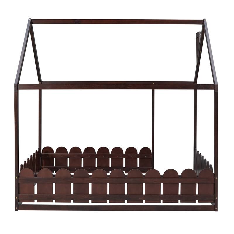 Kids Playhouse Bed Frame without Slats, Wooden Floor House Bed with Fence