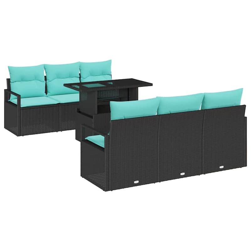 vidaXL 7 Garden Sofa Set with Cushions Black/Brown/Grey Poly Rattan - 68.9 x 24.4 x 27.2