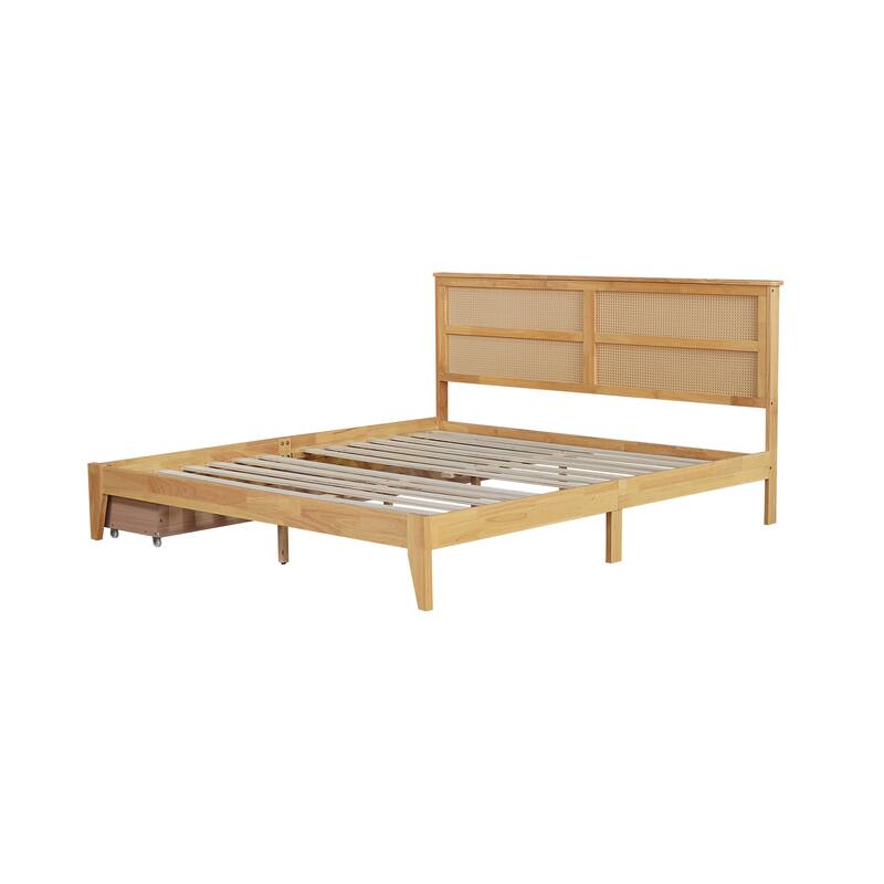 Bed with Rattan Headboard, Two Storage Drawers, Rubber Wood Bed with Enhanced Support Salts and Feet
