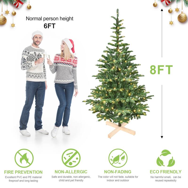 Pre-Lit Artificial Christmas Tree - Warm White LED Lights, PE+PVC Tips, Realistic Layered Look, Wooden Base - Green