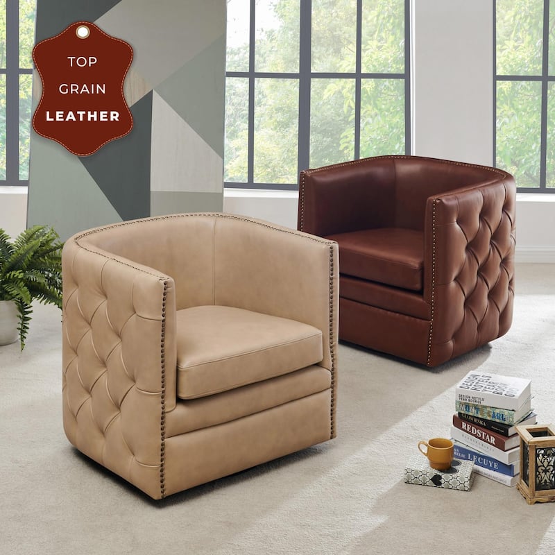 NPD Furniture Leslie Top Grain Leather Swivel Tufted Chair