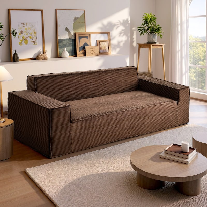 83" Brown Corduroy Fabric Sofa Couch Extra-Long Comfortable Seating with Wide Armrests - 38.19” x 83” x 28.7”