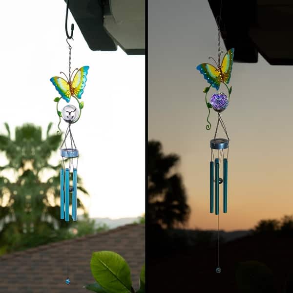 slide 2 of 10, Alpine Corporation 48" Hanging Outdoor Butterfly Metal Wind Chime with Solar-Powered LED Lights, Blue