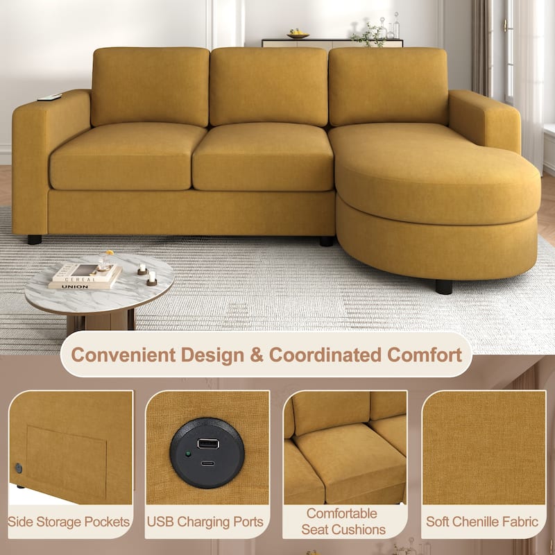 L-Shape Sectional Sofa with Curved Chaise Lounge, Chenille Fabric 3 Seater Sofa with USB Ports & Storage Pockets