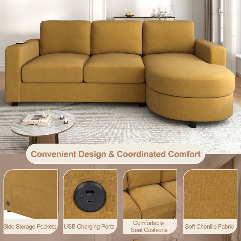 Living Room Chenille L-Shaped Sectional Sofa Set with Curved Chaise Lounge, USB Ports and Side Storage Pockets - Yellow