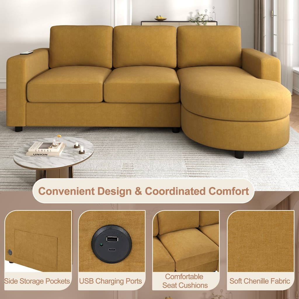 Living Room Chenille L-Shaped Sectional Sofa Set with Curved Chaise Lounge, USB Ports and Side Storage Pockets