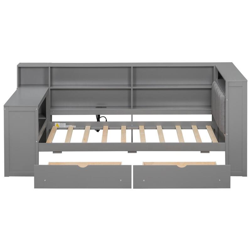 Twin/Full Size Storage Platform Bed w/ Shelves & Drawers, Wooden Daybed w/ Upholstered Headboard, Charging Station & Light