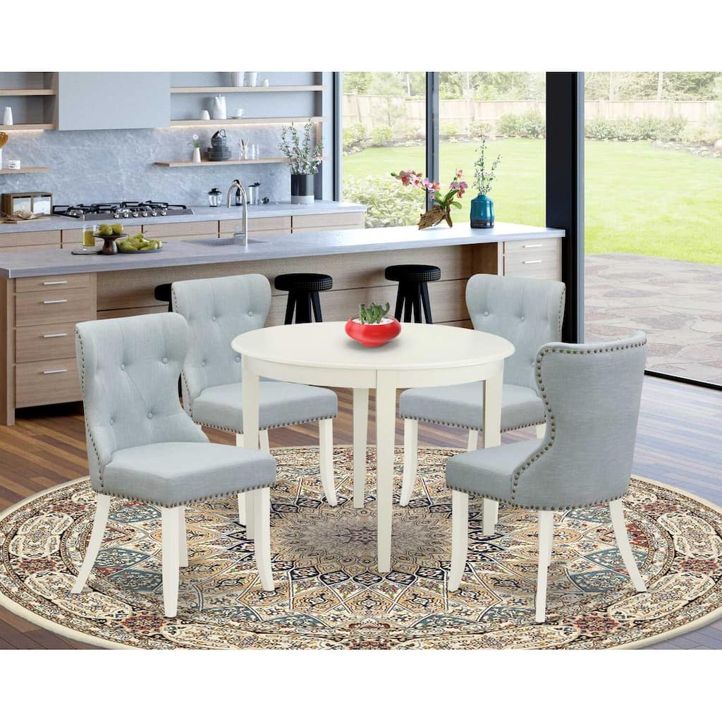 5-Piece Linen White Solid Wood Top - Dining Room Set Seats-4