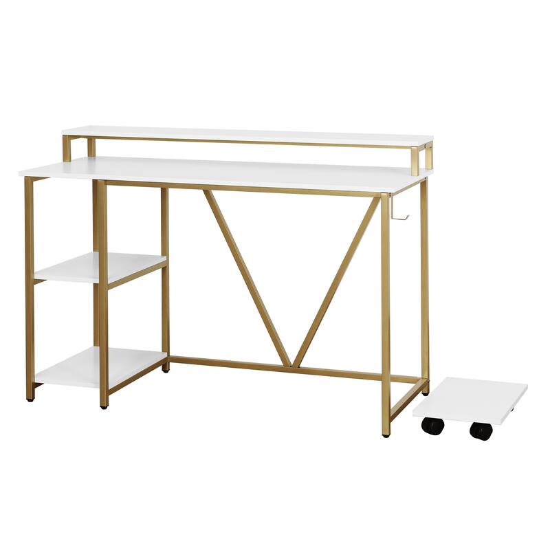 Modern Industrial Computer Desk with Two Open Shelves, Elevated Storage, and Accessory Holder for Home Office Organization