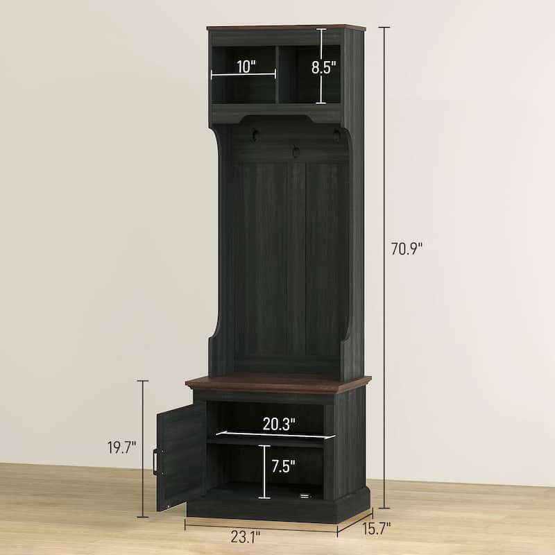 Multi-Functional Hall Tree with Bench Coat Rack Shoe Storage and Top Storage Compartments - 23.1" W x 15.7" D x 70.9" H