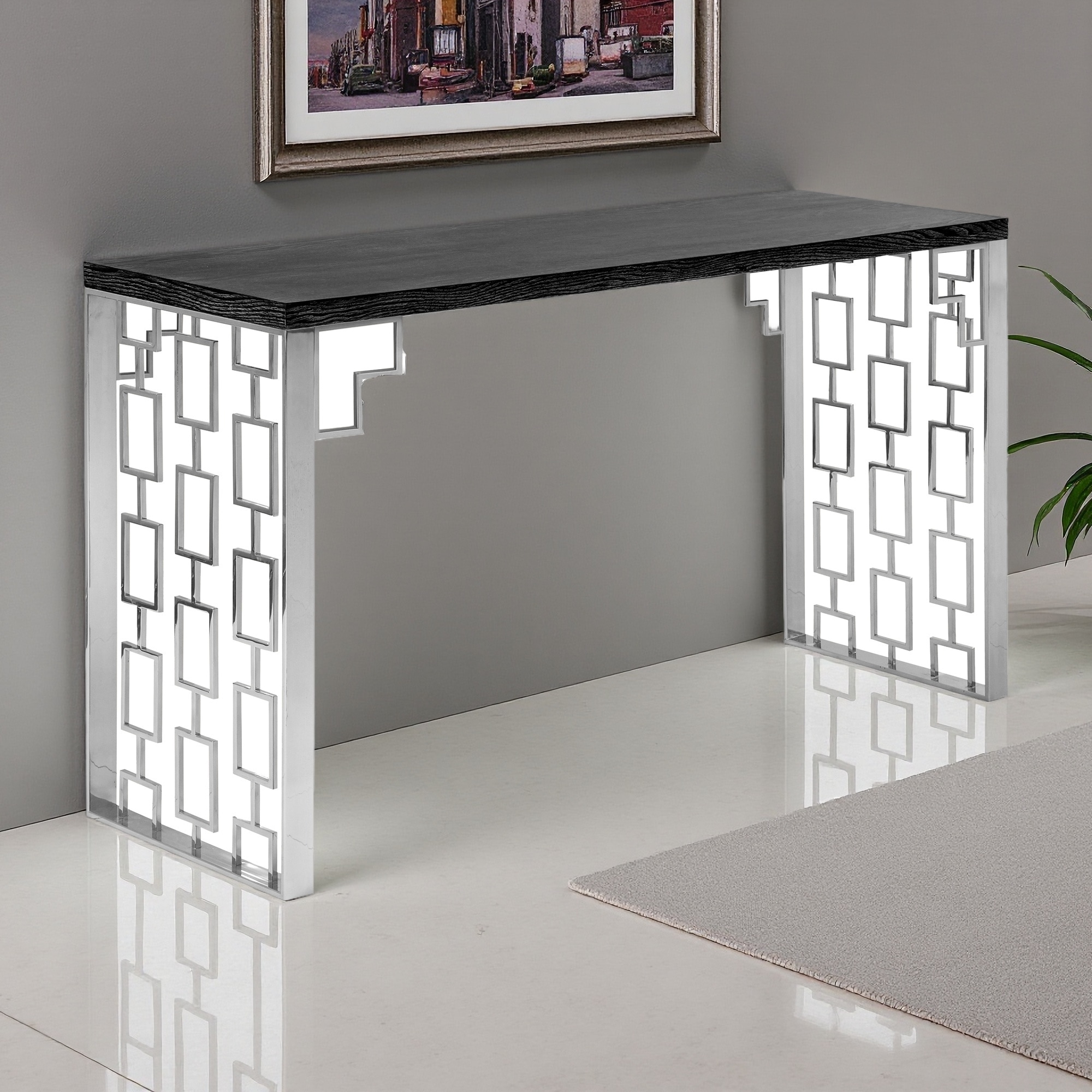 60" MDF Console Table with Ash Veneer and Stainless Steel Base, Ideal for Modern Living Spaces