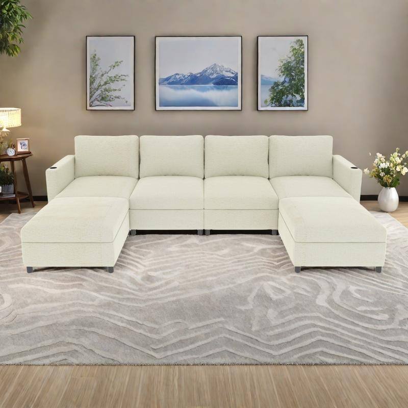 123.6" Chenille U-Shaped Sectional Sofa with Storage and Ottoman, 6-Seater - Antique White